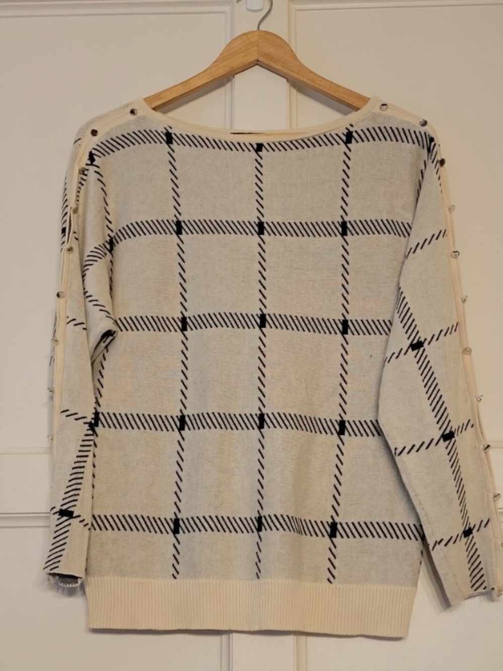 Ivory Windowpane Crewneck Sweater with Button-Trim Sleeves